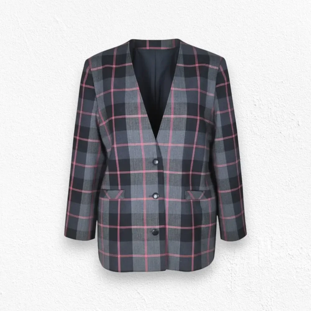 Vintage 90s Charcoal Gray Pink Plaid Boxy Blazer Petite Jacket Size 12P